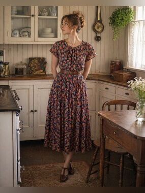 Nostalgia Sailor Collar Coral Teal Navy Floral Retro Pleats Long Dress S Buttons
